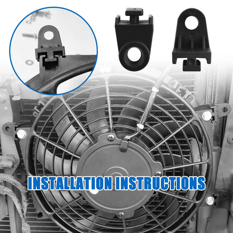 Installation view of Eight Piece Universal Radiator Fan Mounting Feet Brackets L Shaped Install Legs securing slim electric car cooling fans.