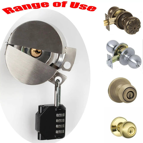 Heavy Duty Door Handle Lock Stops Knob Turning And Blocks Keyhole For Solid Privacy Lock showing stainless steel lock and various doorknobs.