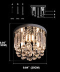 Crystal Chandelier 3 Light LED Flush Mount In Chrome, Modern Mini Ceiling Pendant For Bedroom Hallway Living Room Kitchen, Real Crystal Glass, 9.8 Inch Diameter, Sparkling Chrome Lighting Fixture, diagram and dimensions.