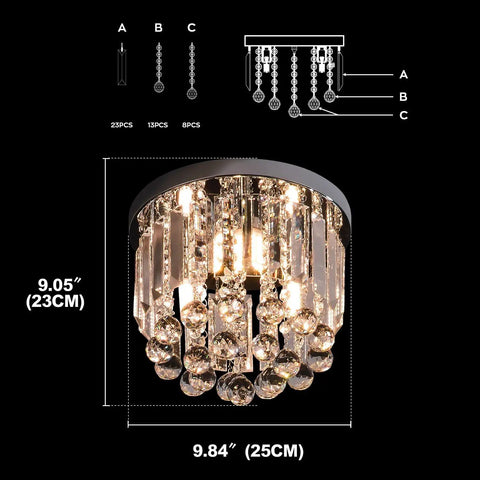 Crystal Chandelier 3 Light LED Flush Mount In Chrome, Modern Mini Ceiling Pendant For Bedroom Hallway Living Room Kitchen, Real Crystal Glass, 9.8 Inch Diameter, Sparkling Chrome Lighting Fixture, diagram and dimensions.