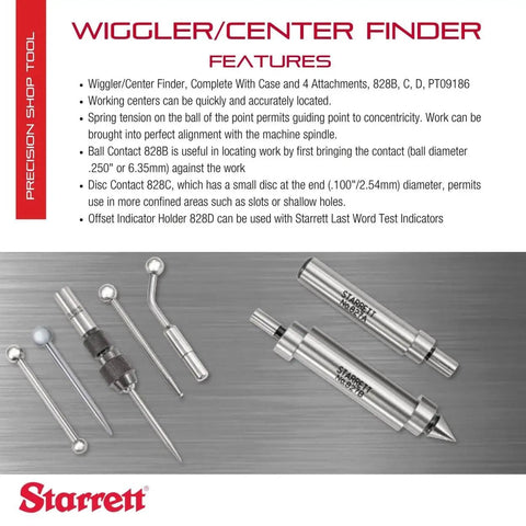 Wiggler And Center Finder Kit With Case For Shop Pros And Home Shops Featuring Ball Contact 828B Disc Contact 828C Offset Indicator Holder 828D And PT09186 Attachments S828HZ displayed with attachments in a case