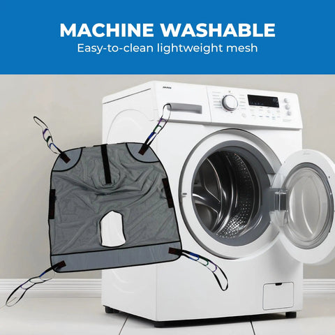 Full Body Mesh Commode Sling Patient Aid Designed For Hoyer Lifts With Four Positioning Straps, machine washable gray mesh.