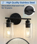 Matte Black Two Light Bathroom Vanity Fixture with Clear Glass Shades, solid rust resistant construction sconce.