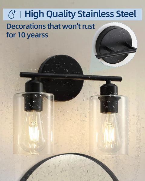 Matte Black Two Light Bathroom Vanity Fixture with Clear Glass Shades, solid rust resistant construction sconce.