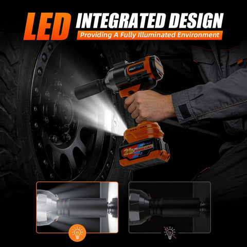 Badass Heavy 1500Nm Cordless Impact Wrench With Massive Torque And Brushless Motor Beast Includes Two 4Ah 21V Batteries in use with LED.