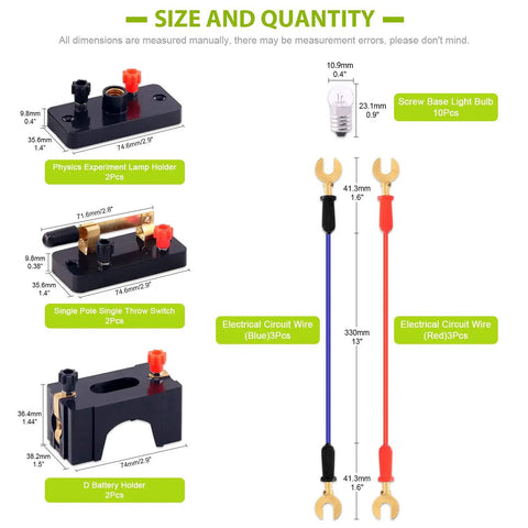 Size diagram of Hands On Physics Electronics Experiment Kit With SPST Switches, E10 Bulb Holders, Wire Leads, D Battery Holders