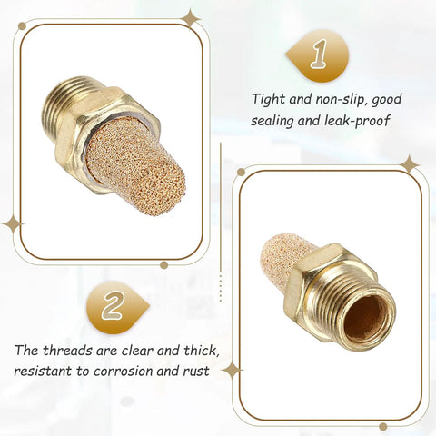 Pneumatic Exhaust Muffler Eight Piece Kit With One Eighth NPT Male Sintered Bronze Brass Fittings close-up shown in packaging
