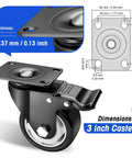 3 Inch Heavy Duty Caster Wheels Set Of 4 With Locking Industrial Swivel Casters showing wheel dimensions and plate thickness.