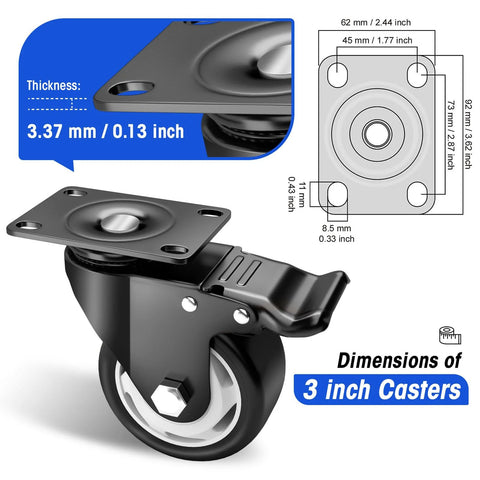 3 Inch Heavy Duty Caster Wheels Set Of 4 With Locking Industrial Swivel Casters showing wheel dimensions and plate thickness.