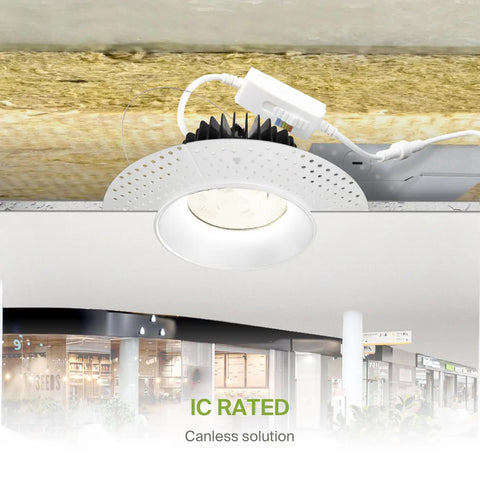 6 Inch Trimless Recessed Ceiling Lights 12 Pack Smooth Mud In Install showing a round IC rated downlight in ceiling.