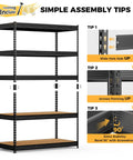Beefy 4000 Lbs Five Tier Metal Garage Shelving Unit With 72 Inch High, 48 Inch Wide, 24 Inch Deep, Matte Black Powder Coat Finish, Heavy Duty Steel Storage Rack Built To Last In Tough Garage assembly guide