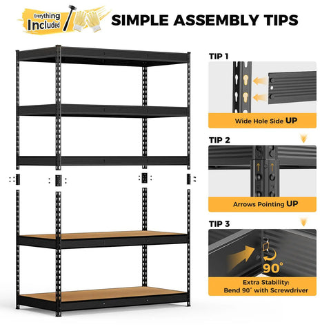 Beefy 4000 Lbs Five Tier Metal Garage Shelving Unit With 72 Inch High, 48 Inch Wide, 24 Inch Deep, Matte Black Powder Coat Finish, Heavy Duty Steel Storage Rack Built To Last In Tough Garage assembly guide