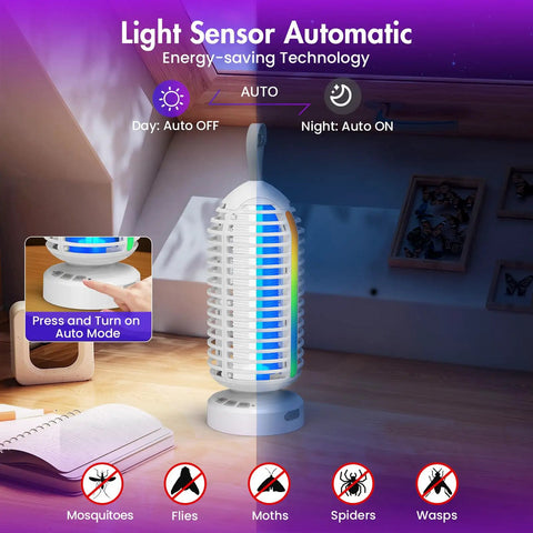 Cordless Mosquito Zapper With Colorful Lighting And Auto Sensing 3 In 1 Bug Trap With 4000mAh Rechargeable Battery in a room.