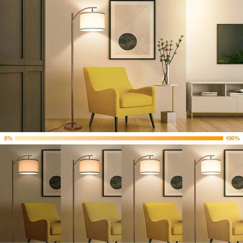 Dimmer Compatible Dimmable Floor Lamp With 350 Degree Adjustable Head In Brown Tall Pole Modern Standing Lamp With Hanging Shade For Living Room And Bedroom Cozy Reading Light 8W Bulb Included in cozy living room corner with yellow chair.
