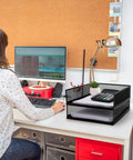 Office desk with Two Pack Wire Mesh Letter Trays for Desk, stackable paper organizer, holding documents in a home office setup
