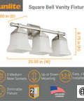 20 Inch Sleek Dope Modern Square Bell Vanity Light Fixture For Bathroom Wall Mount Brushed Nickel Finish Three Light