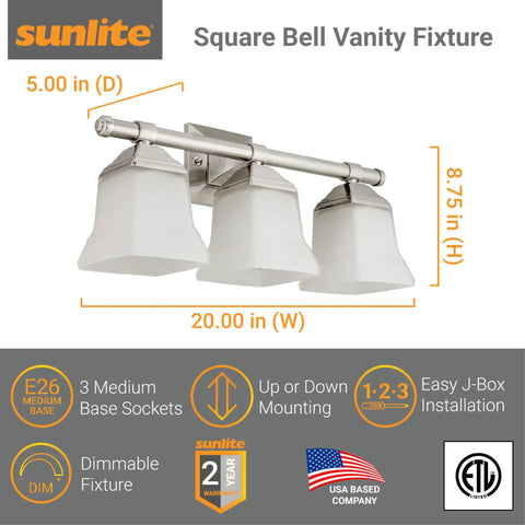 20 Inch Sleek Dope Modern Square Bell Vanity Light Fixture For Bathroom Wall Mount Brushed Nickel Finish Three Light