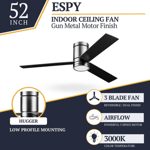 Espy Ceiling Fan With 52 Inch Blade Span In Gun Metal, showing black blades and modern design features.