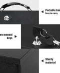 Fire Resistant Safe Box With Key Lock For Home Office Security, Sturdy Steel Safe For Valuables And Docs You Care About, 13.2 x 11 x 5.1 Inches, Black, Built To Take Heat And Keep Your Stuff Safe, showing handle, keys, and material details.