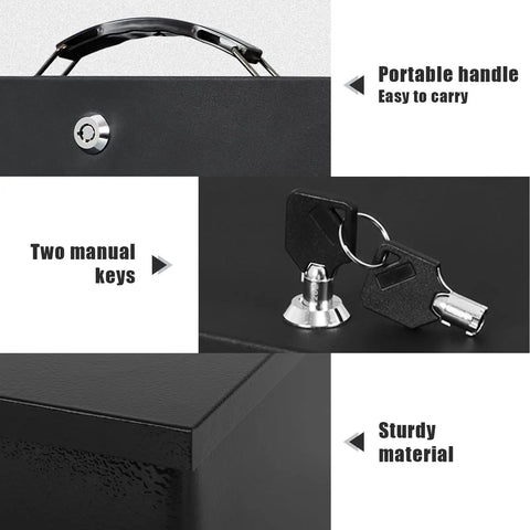 Fire Resistant Safe Box With Key Lock For Home Office Security, Sturdy Steel Safe For Valuables And Docs You Care About, 13.2 x 11 x 5.1 Inches, Black, Built To Take Heat And Keep Your Stuff Safe, showing handle, keys, and material details.