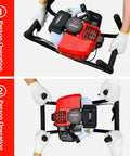 One Person Earth Auger Powerhead with 52cc Two Cycle Engine, ergonomic handles, shown in use by one and two people.