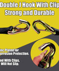 Close-up of zinc-plated Double J Hook with Clip from Beefy Heavy Duty Car Trailer Tie Down Straps 4 Pack Kit.