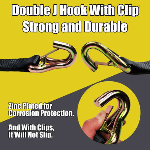 Close-up of zinc-plated Double J Hook with Clip from Beefy Heavy Duty Car Trailer Tie Down Straps 4 Pack Kit.