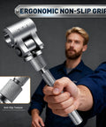 Person holding New Gen Pro Grade Door Hinge Adjustment Tool For Sagging, Sticking, And Misaligned Doors, stainless steel grip shown