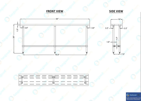 Diagram showing dimensions of Rock Solid Heavy Duty Stainless Steel Work Table With Open Base Commercial Grade Metal Prep Bench 84 Inch Long.