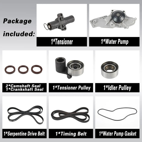 Image showing components of Serpentine Drive Timing Belt With Water Pump Kit Direct Fit For Honda Accord Crosstour Odyssey Acura.