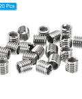 Front view of 20-piece stainless steel thread adapter sleeves, M8x1.25 male to M6x1 female reducer nuts