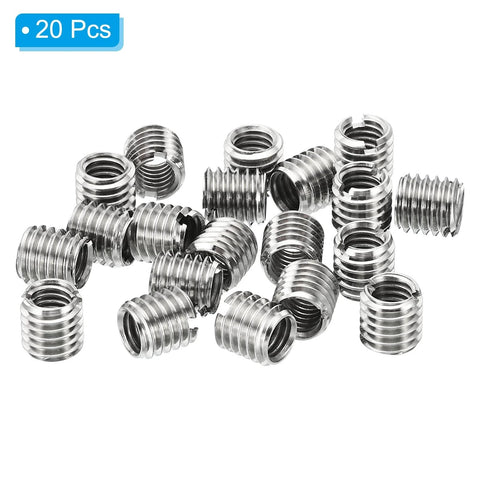 Front view of 20-piece stainless steel thread adapter sleeves, M8x1.25 male to M6x1 female reducer nuts
