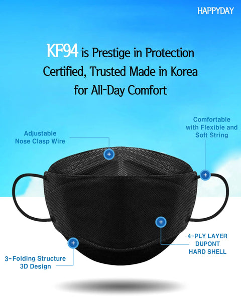 Top Notch KF94 Mask For Adults Black Individually Packaged 30 Masks Made In Korea Premium Micro Dust Protection front view