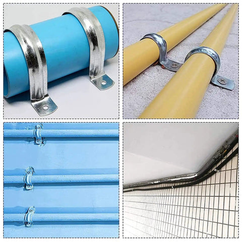 Ten Pack 4 Inch Rigid Stainless Steel Pipe Straps With Two Hole U Brackets securing pipes in various setups