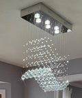 Modern Wave Rectangular Crystal Raindrop Chandelier With Chrome Finish Flush Mount Pendant Lighting for dining room view