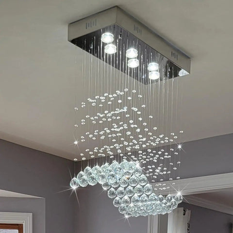 Modern Wave Rectangular Crystal Raindrop Chandelier With Chrome Finish Flush Mount Pendant Lighting for dining room view