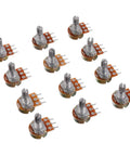 Assorted 1K To 1M Ohm Rotary Potentiometers Kit 12 Pcs 3 Terminal Knurled Shaft Linear Taper Rotary Potentiometer Single Turn Carbon Film Variable Resistors For DIY Electronics Great For Audio Guitar Prototyping displayed with knurled shafts, 3 terminals, and carbon film components.