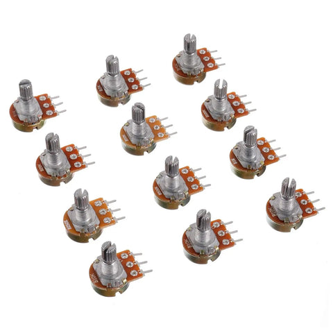 Assorted 1K To 1M Ohm Rotary Potentiometers Kit 12 Pcs 3 Terminal Knurled Shaft Linear Taper Rotary Potentiometer Single Turn Carbon Film Variable Resistors For DIY Electronics Great For Audio Guitar Prototyping displayed with knurled shafts, 3 terminals, and carbon film components.