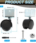 Slick Roll 1.5 Inch Swivel Casters With 1 Inch U Bracket 4 Pack detailed size illustration with dimensions, tools for installation.