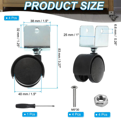 Slick Roll 1.5 Inch Swivel Casters With 1 Inch U Bracket 4 Pack detailed size illustration with dimensions, tools for installation.
