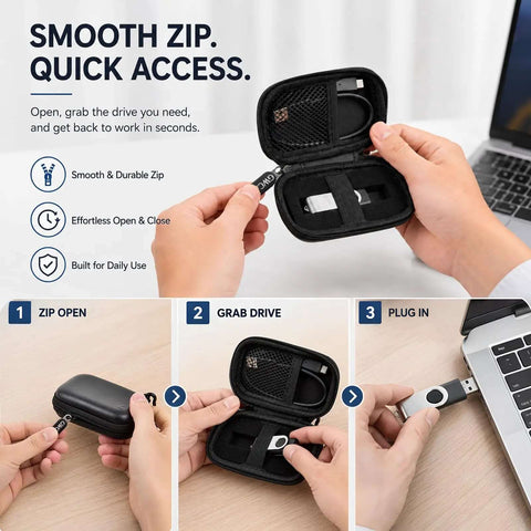 Hands holding Drop Dead Secure Hard Shell USB Flash Drive Case With Cushioned Foam Insert, opening to access thumb drive.