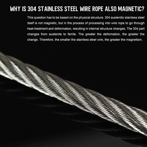 Close-up of 304 stainless steel wire rope, showing the One Sixteenth Inch Stainless Steel Wire Rope Heavy Duty DIY Ready 100 Feet 304 Aircraft Grade Cable With 50 Crimp Sleeves 7x7 Strand 368 Pounds Breaking Strength Weather Resistant For Garden Trellis Clothesline Railing And Outdoor Projects construction with labeled explanation of magnetic properties in polished strands.