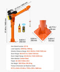 VEVOR 2200 Lbs Electric Pickup Truck Crane With Hoist & Wireless Remote, carbon steel telescopic boom and base dimensions shown.