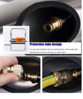 Heavy Duty Portable Wall Mount Garden Hose Reel With Durable Stainless Steel Hand Crank showing protective tube design and connections.