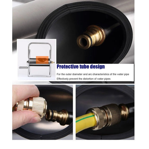 Heavy Duty Portable Wall Mount Garden Hose Reel With Durable Stainless Steel Hand Crank showing protective tube design and connections.