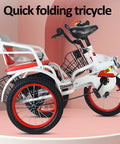Folding Tricycle With Rear Passenger Seat And Pedals Three Wheel Cruiser Bike on display, high carbon steel, 100kg load.