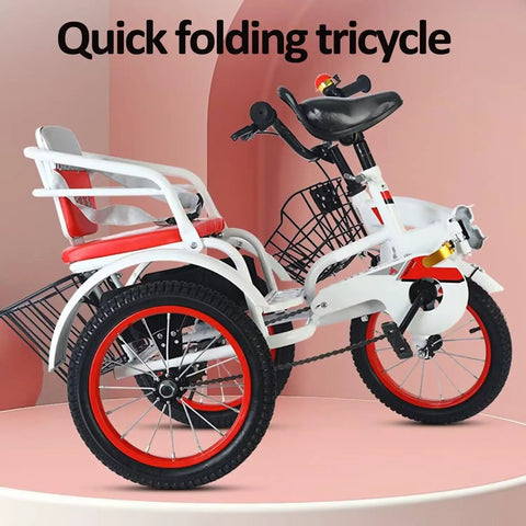 Folding Tricycle With Rear Passenger Seat And Pedals Three Wheel Cruiser Bike on display, high carbon steel, 100kg load.