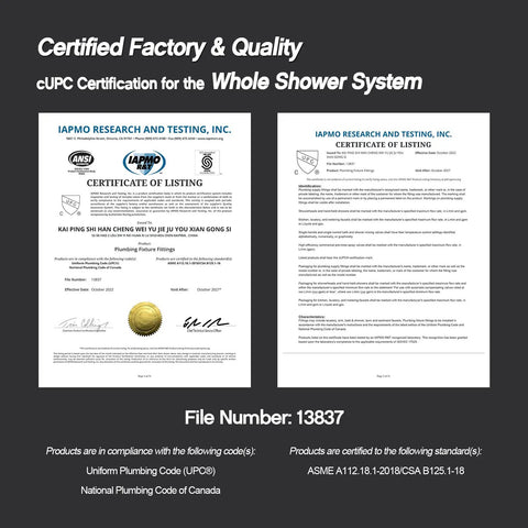 cUPC certification document for High Pressure 12 Inch Square Rain Shower System With Handheld Shower Wall Mounted Chrome Valve Trim