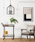 Chic Rustic Black 4 Light Chandelier With Metal Cage Pendant Adjustable Chain Hanging Light Fixture For Kitchen Island And Dining Room Farmhouse Lantern Style Ceiling Light With Modern Industrial Edge hanging over a bar cart and chair.