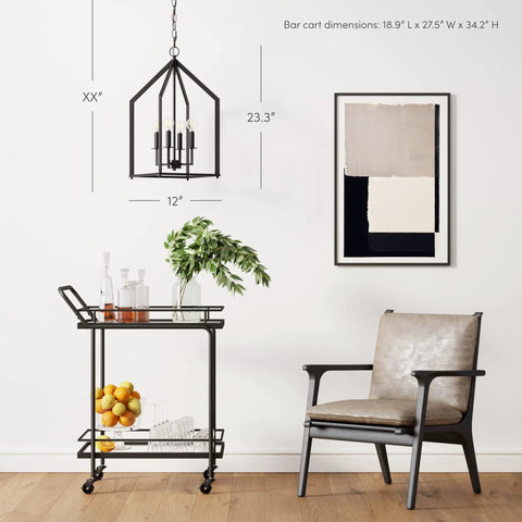 Chic Rustic Black 4 Light Chandelier With Metal Cage Pendant Adjustable Chain Hanging Light Fixture For Kitchen Island And Dining Room Farmhouse Lantern Style Ceiling Light With Modern Industrial Edge hanging over a bar cart and chair.